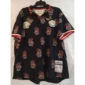 REASON BRAND Men's Black Japanese Oni Mask Tattoo Print Polo Shirt Size XL